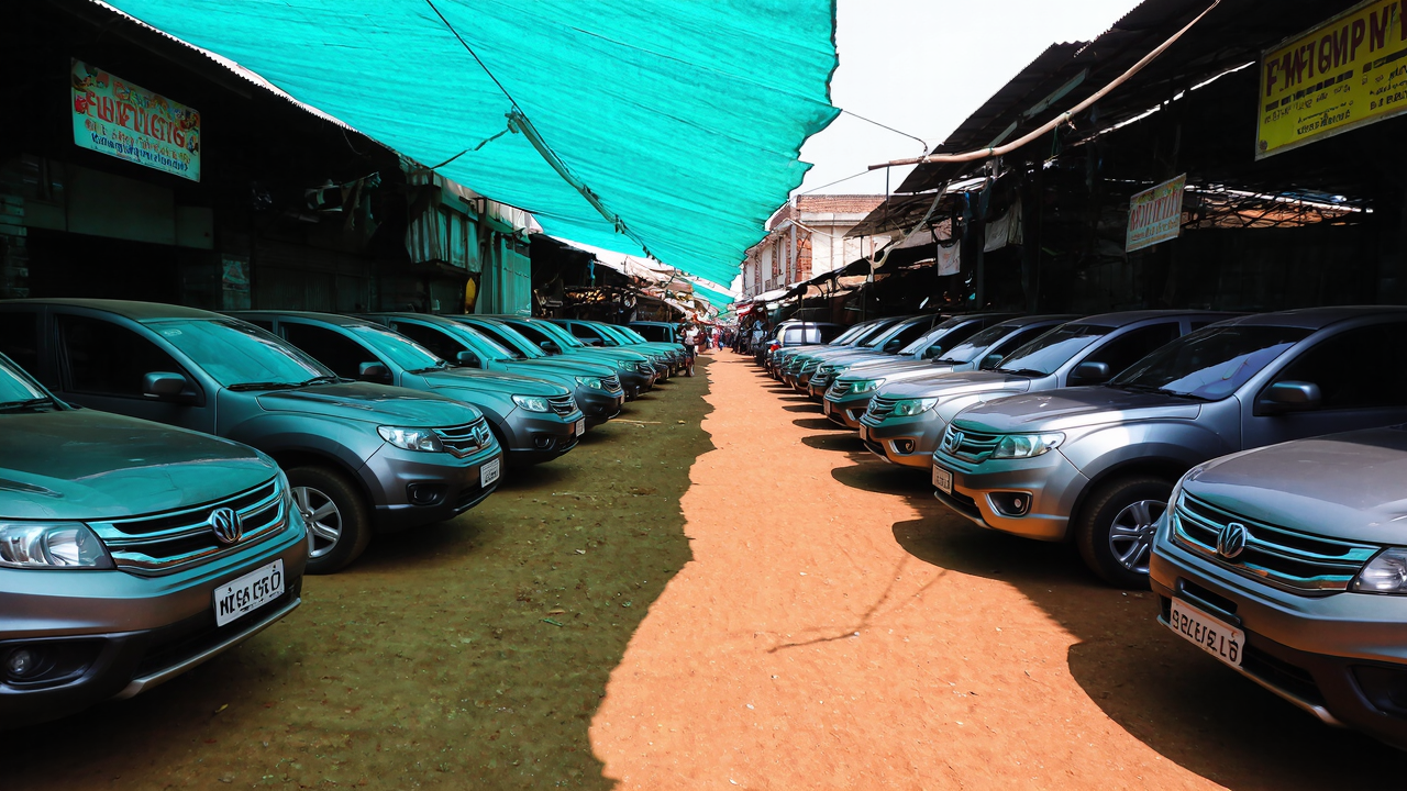 In the open-air second-hand car market in Ghana, three rows of dark grey Chinese brand SUVs are neatly parked on the red clay road
