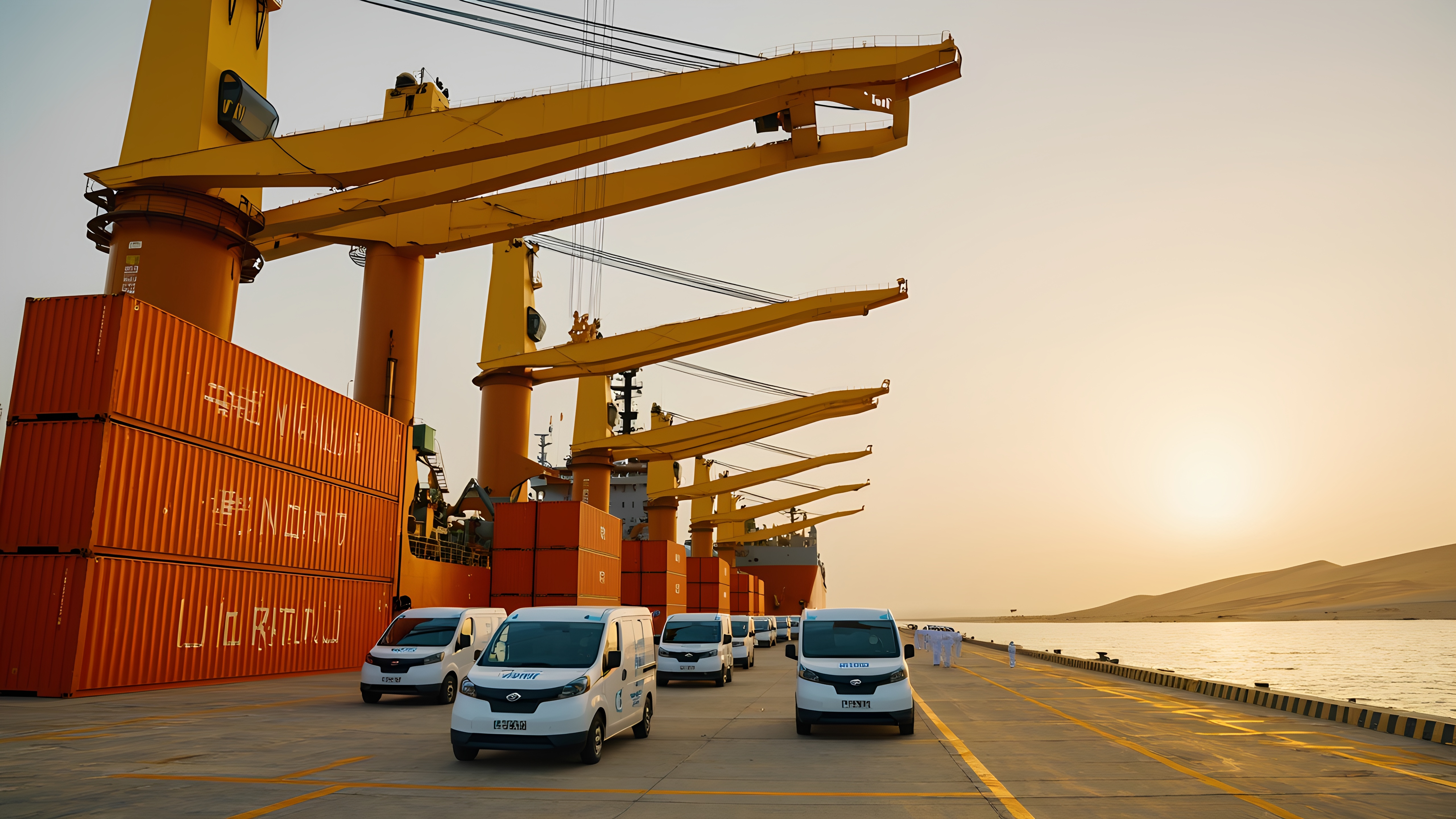 a giant bulk carrier hovers over a modern port in Saudi Arabia. The orange-red containers are precisely hoisted to the junction of the desert and the Persian Gulf.